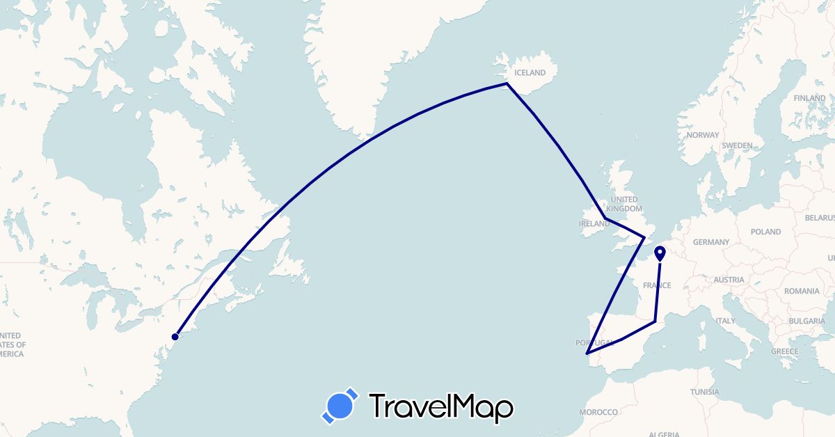 TravelMap itinerary: driving in Andorra, Spain, France, United Kingdom, Ireland, Iceland, Portugal, United States (Europe, North America)